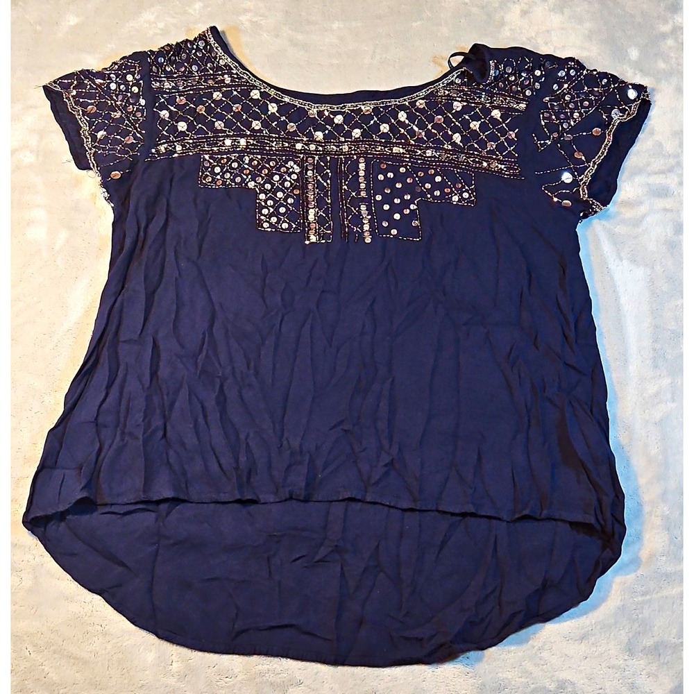 Forever 21 Women's Blue Beaded Sequin Cap Sleeve Scoop Neck Blouse L